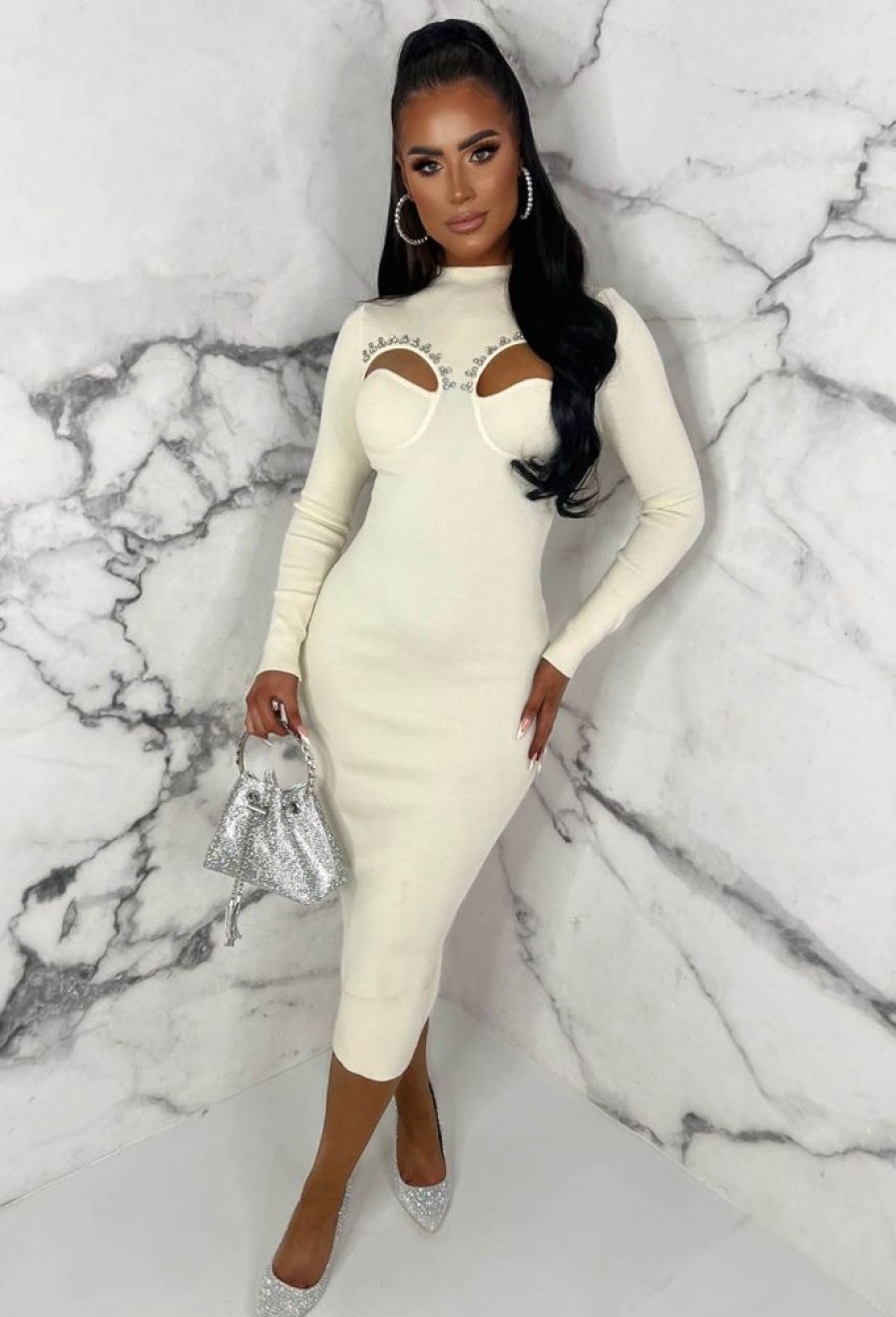 Best Glamorous Chic Cream Diamante Embellished Cut Out Bust Midi Dress Limited Edition Dresses