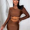 Clearance I'M Obsessed Brown Feather Cuff Stretch Mini Skirt Co-Ord Set Co-Ords