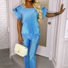 Online Plisse You'Re Mine Blue Frill Sleeve Plisse Trouser Co-Ord Set Co-Ords