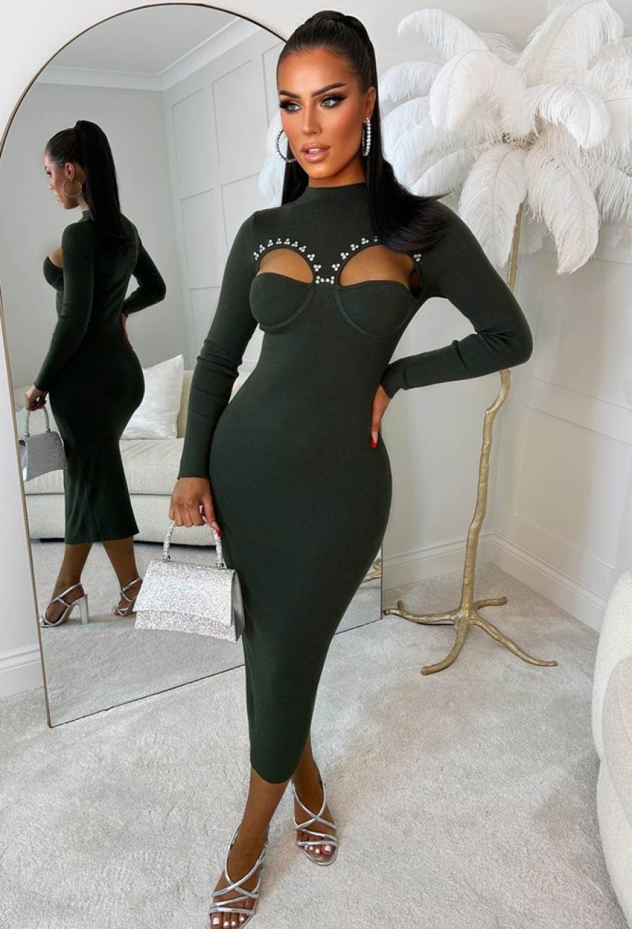 Clearance Glamorous Chic Green Diamante Embellished Cut Out Bust Midi Dress Limited Edition Dresses