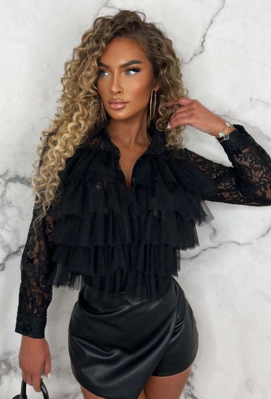 Hot In My Feelings Black Ruffle Lace Blouse Tops