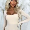 Wholesale Girl Like Me Beige Square Neck Long Sleeve Bodysuit Tops