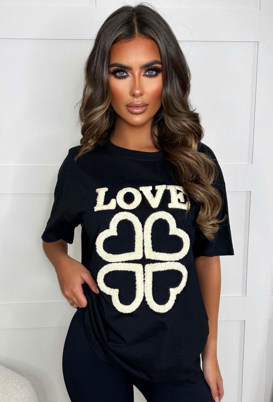 Online Casual Couture Black Love Embroidered T-Shirt Tops