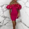 Best My Temptation Hot Pink Ruffle Bardot Stretch Mini Dress Dresses