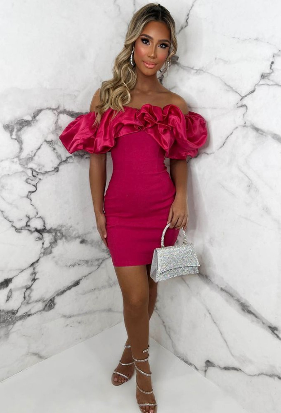 Best My Temptation Hot Pink Ruffle Bardot Stretch Mini Dress Dresses