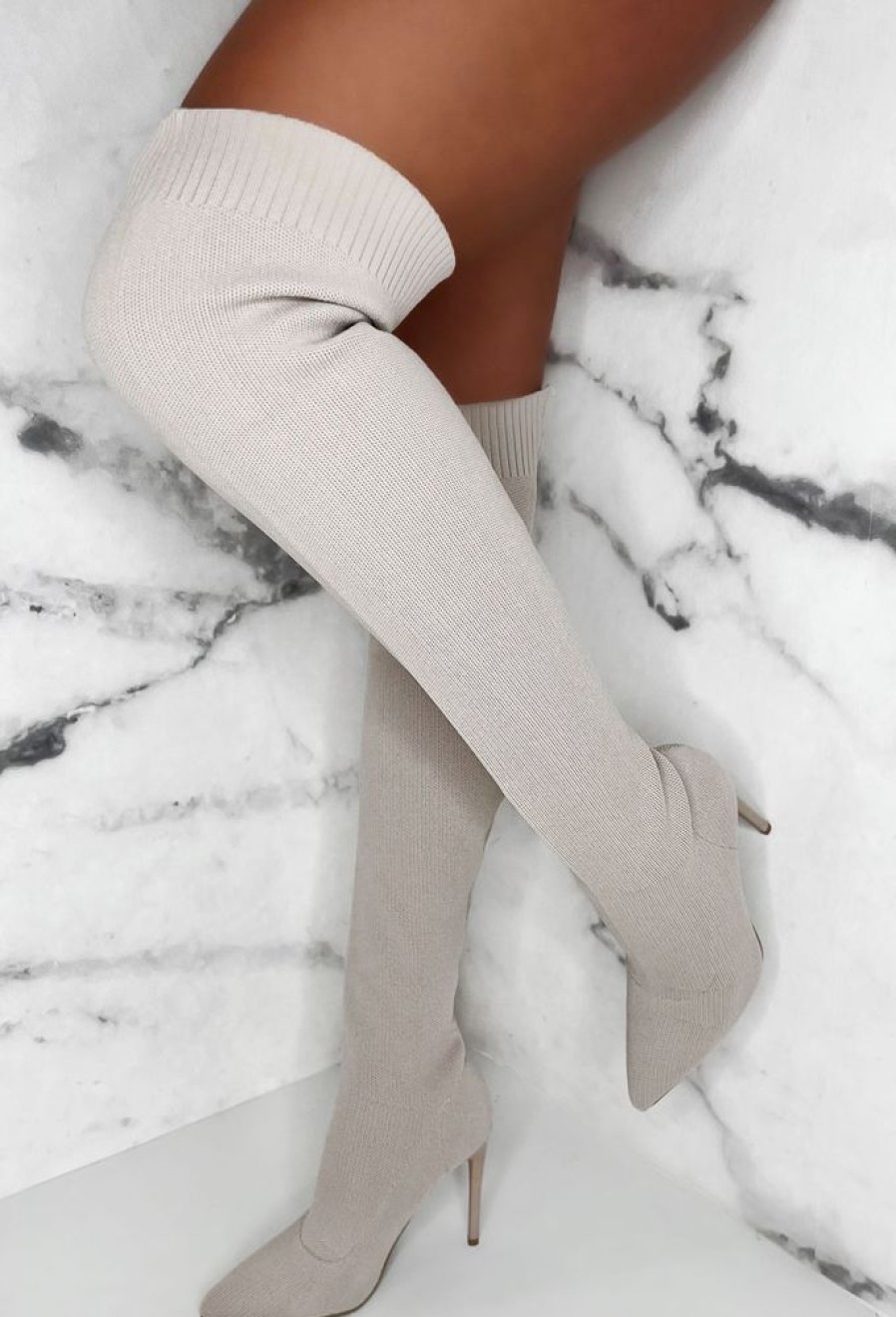 Hot Roxxie Cream Stretch Knit Over The Knee Boots Boots