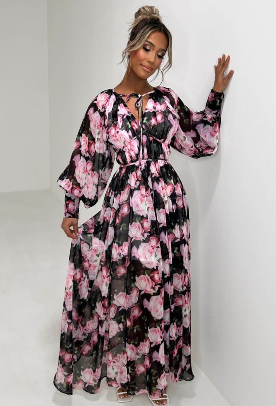 Clearance Your Love Affair Black Floral Chiffon Long Sleeve Maxi Dress Dresses