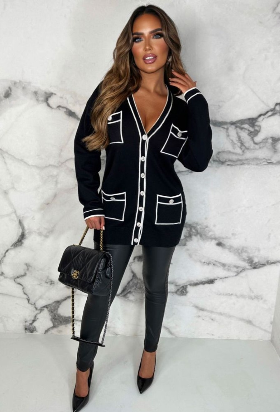 Hot Busy Schedule Black Luxury Oversized Cardigan With Top Stitch Detail Knitwear