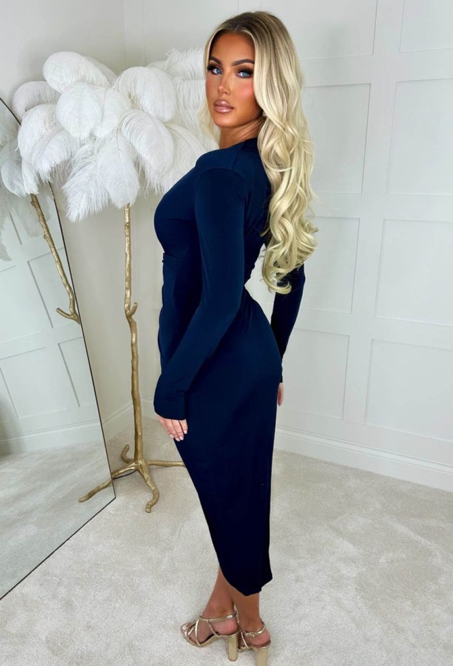 New Chasing Romance Navy Long Sleeve Ruched Midi Dress Dresses