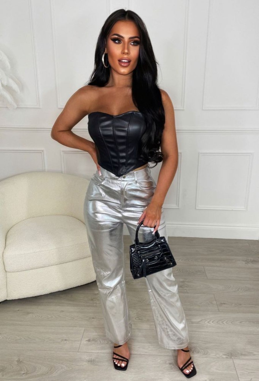 Online Shine Queen Silver Metallic Straight Leg Jean Trousers & Leggings