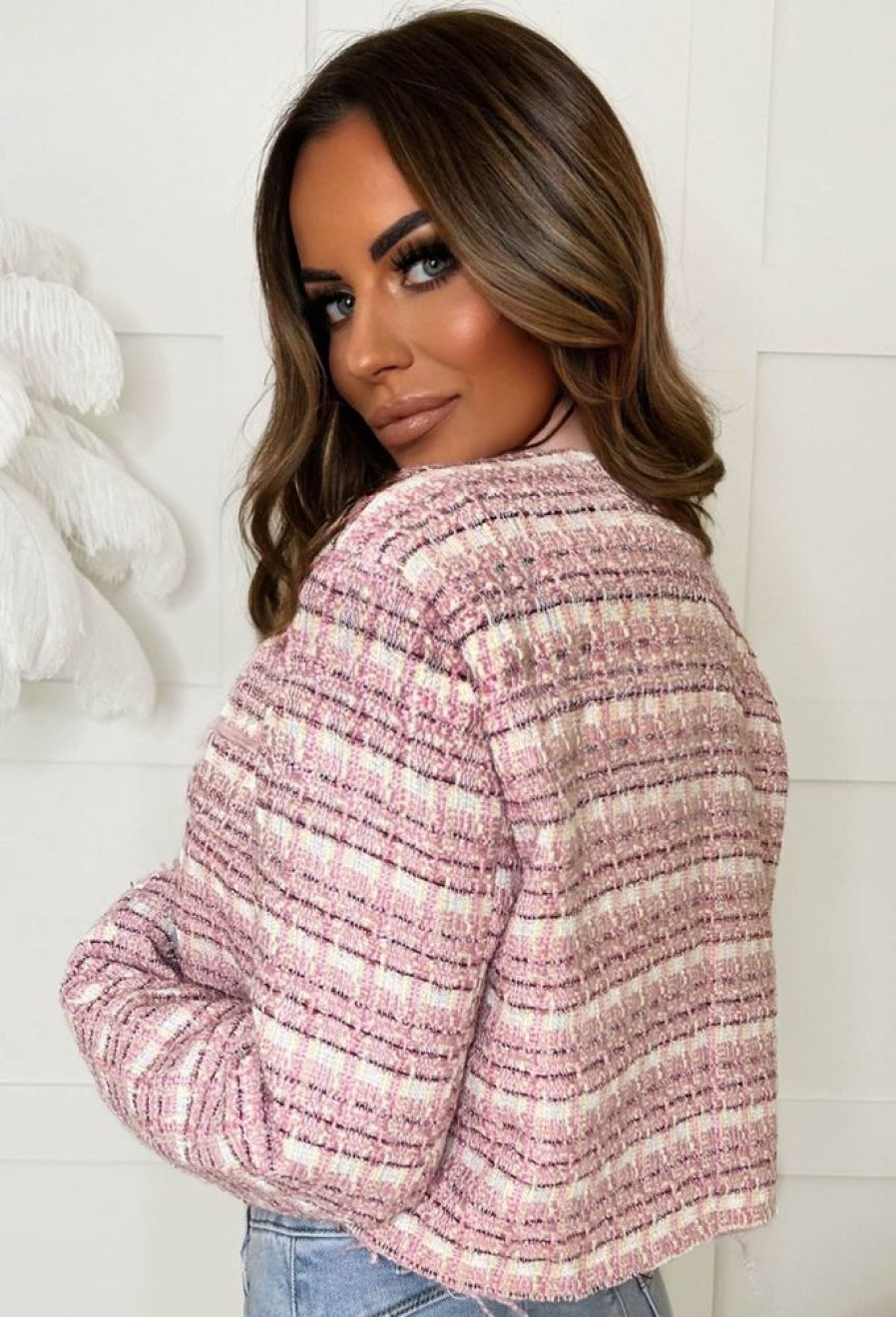 Online Parisian Illusion Pink Tweed Cropped Cut Off Jacket Coats And Jackets