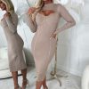 New Luxury Illusion Beige Body Couture Knitted Midi Dress Dresses