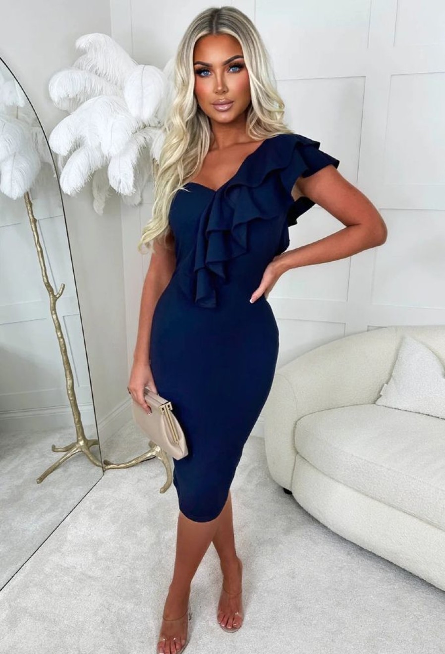 Wholesale Frilling Affair Navy Stretch One Shoulder Frill Midi Dress Dresses