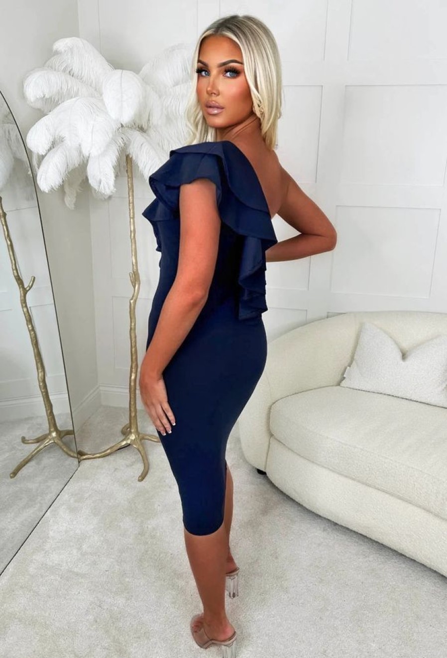 Wholesale Frilling Affair Navy Stretch One Shoulder Frill Midi Dress Dresses