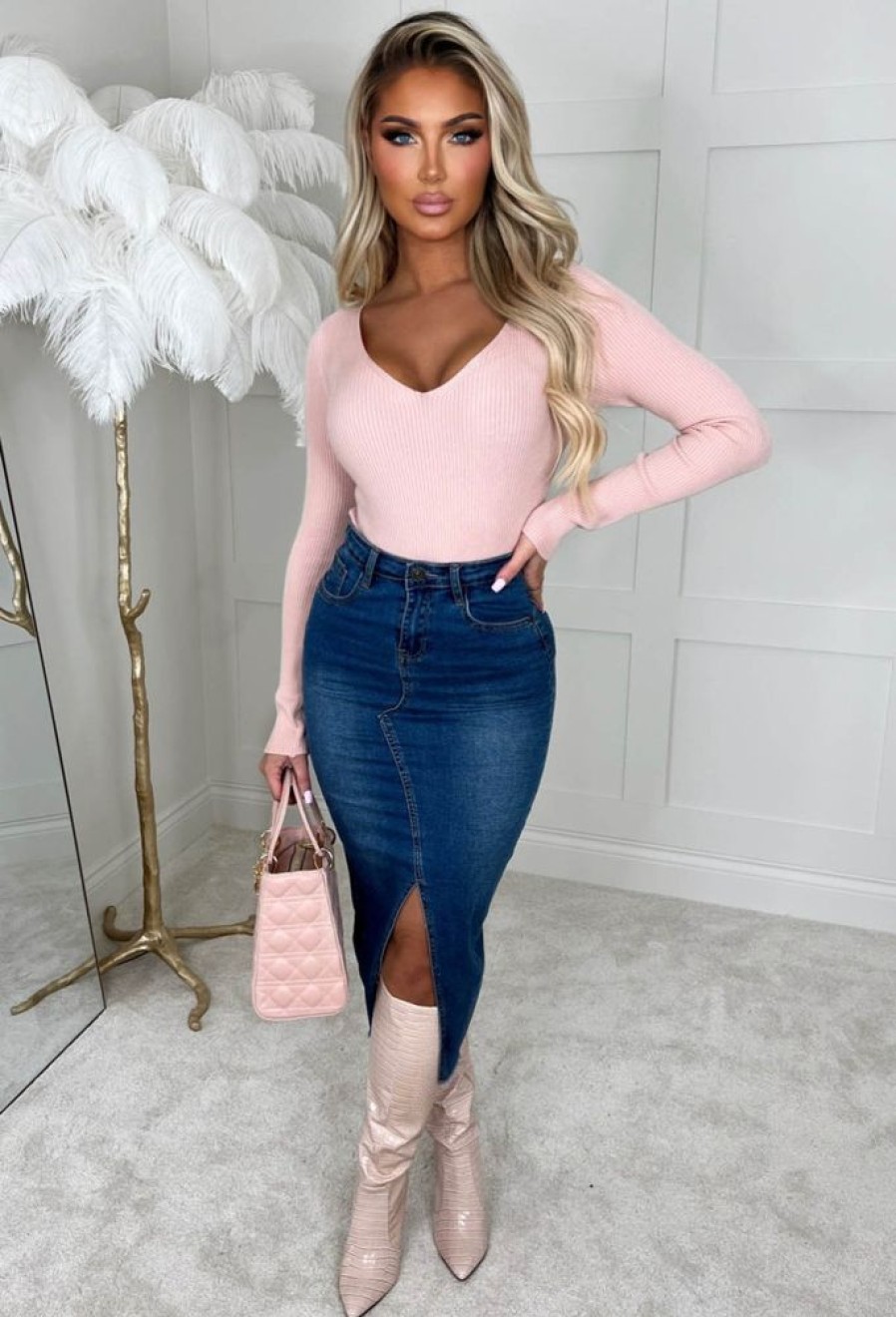 Clearance Not For You Blush Pink Knit V Neck Jumper Tops