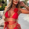 Hot Midnight Affair Red Flower Trim Triangle Bikini With Choker And Belt Swimwear