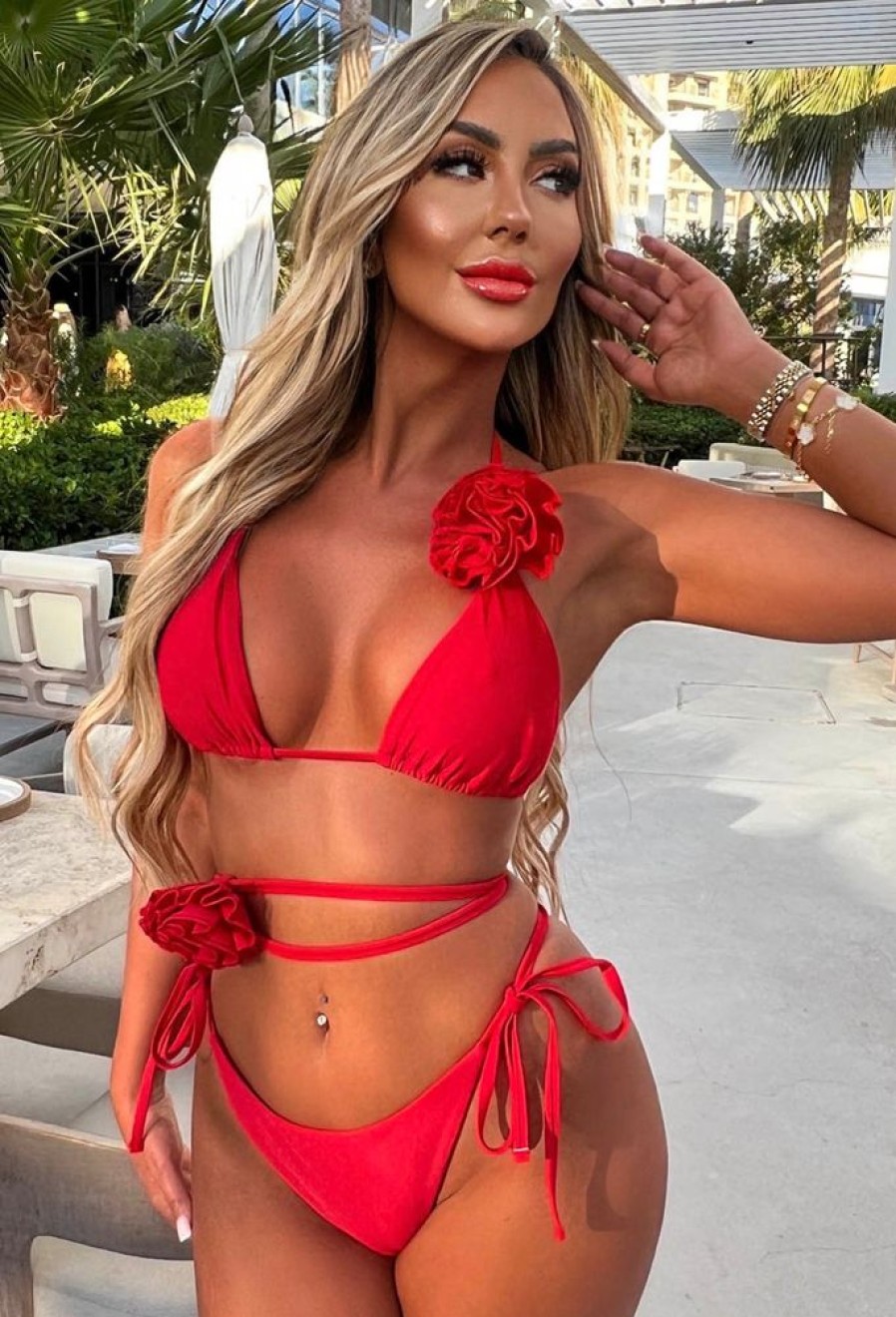 Hot Midnight Affair Red Flower Trim Triangle Bikini With Choker And Belt Swimwear