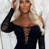 Best Perfect Without Trying Black Stretch Mesh Lace Up Bardot Top Tops