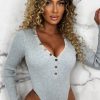 Clearance Set The Vibe Grey Rib Knit Plunge Button Bodysuit Bodysuits