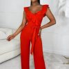 New Radiant Senorita Orange Wrap Over Ruffle Wide Leg Belted Jumpsuit Jumpsuits