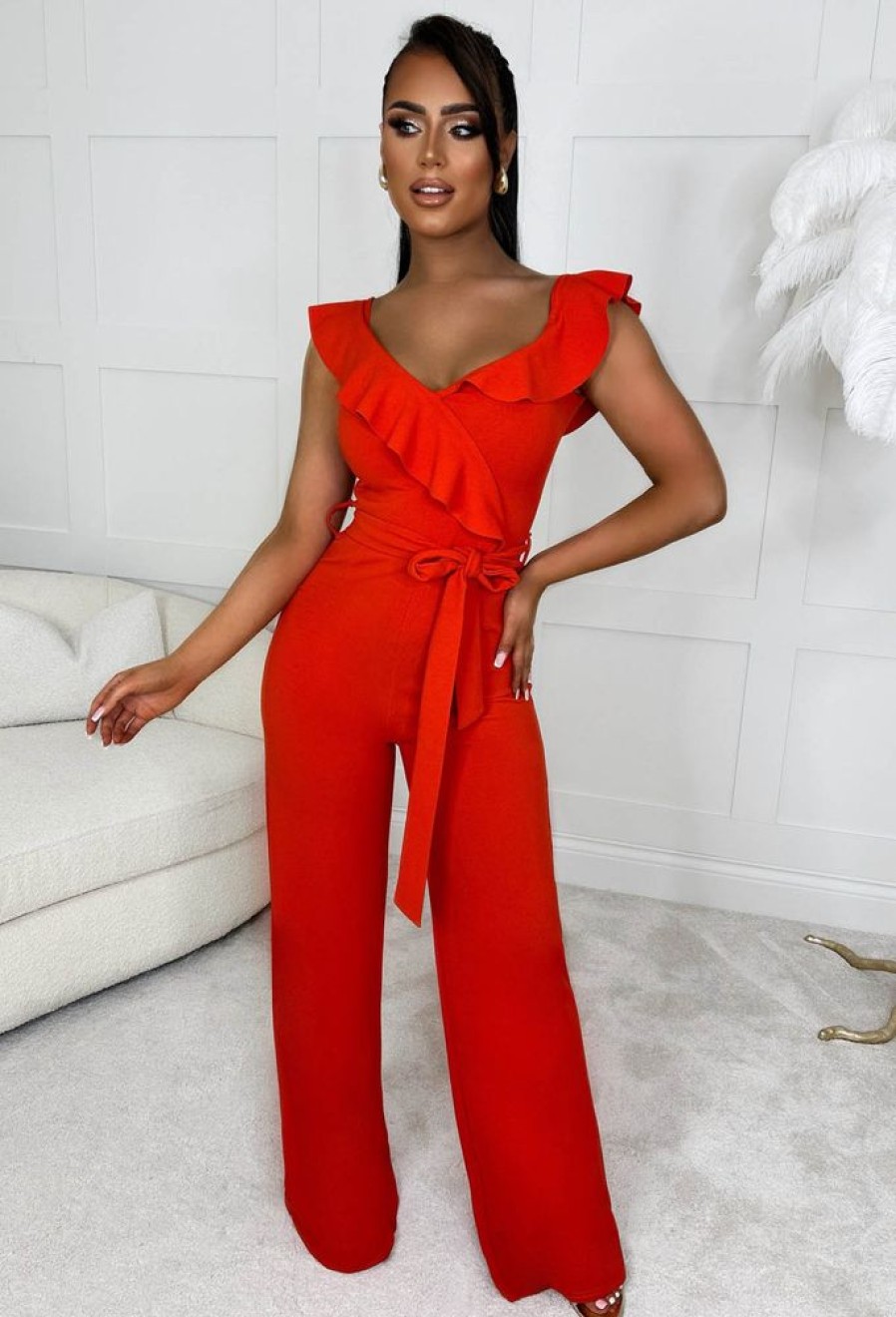 New Radiant Senorita Orange Wrap Over Ruffle Wide Leg Belted Jumpsuit Jumpsuits