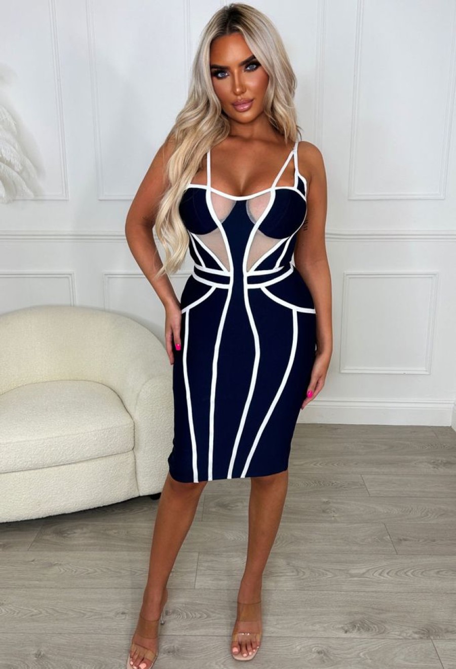 Online Say You'Re Mine Navy Premium Contour Panel Detail Stretch Bandage Midi Dress Bandage