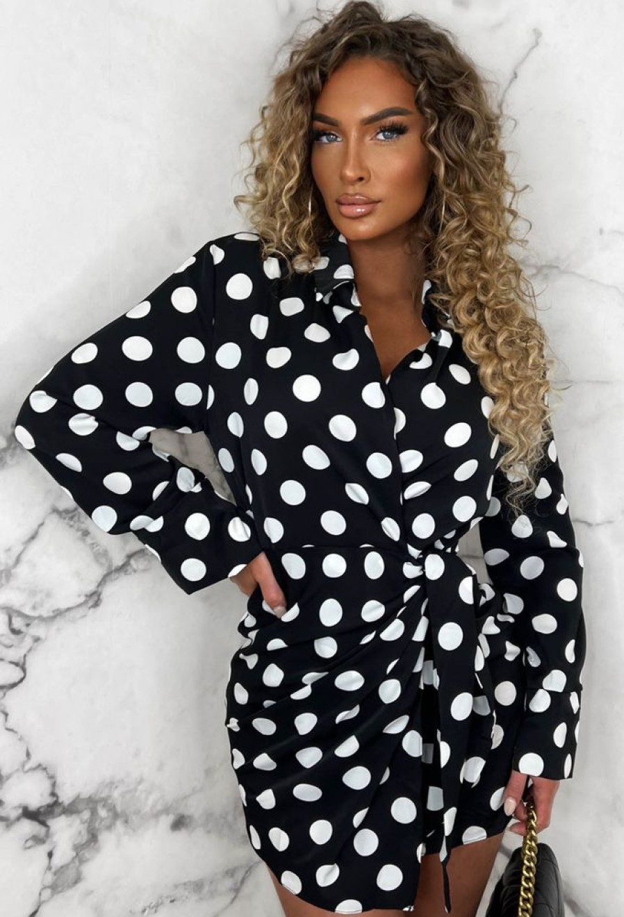 Hot Spot The Difference Black Polka Dot Long Sleeve Wrap Style Mini Dress Dresses