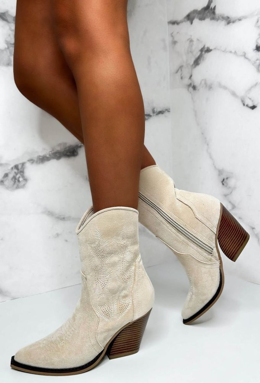 Best Excuse Me Miss Cream Faux Suede Cowboy Ankle Boots Boots