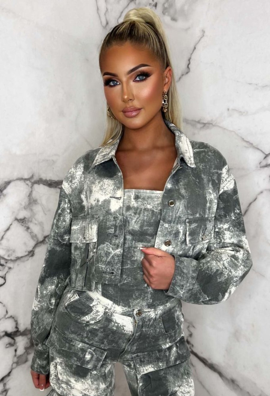 Online Cargo Days Grey Cropped Cargo Denim Jacket Coats And Jackets