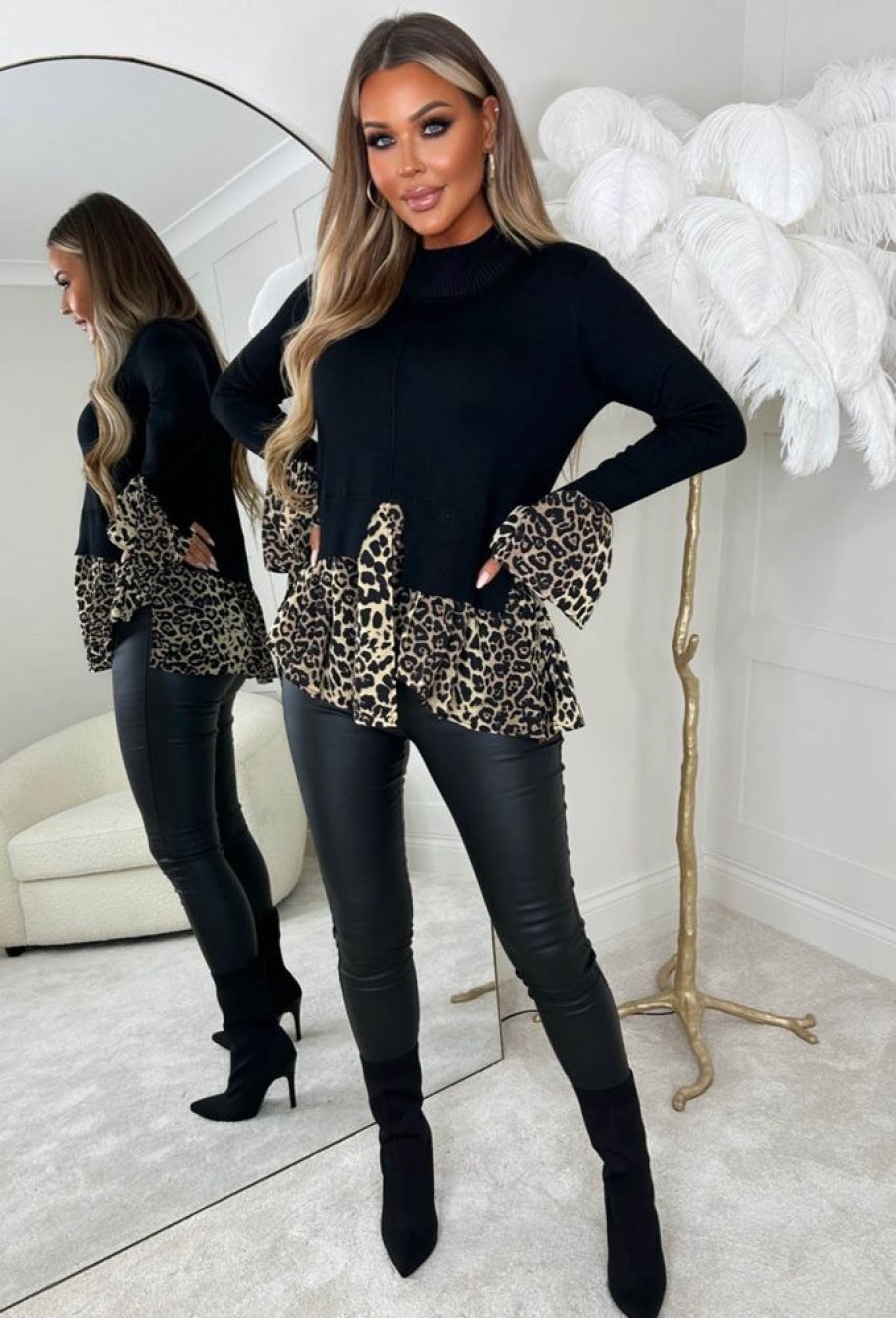 Clearance Serious Business Black Leopard Print 2 In 1 Bell Sleeve Frill Hem Jumper Tops