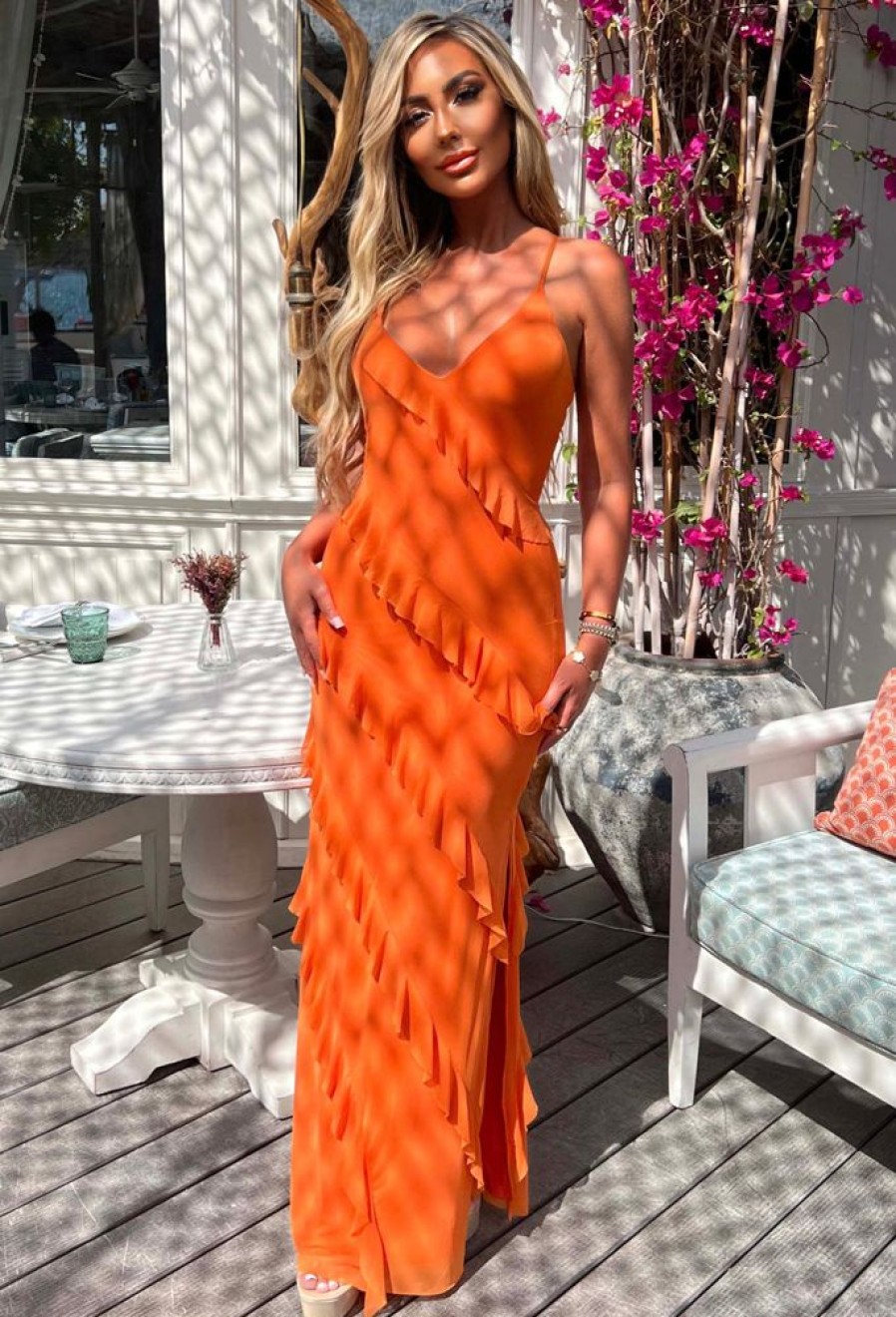 Best Frilling Temptation Orange Frilled Lace Up Back Cami Maxi Dress Summer Dresses