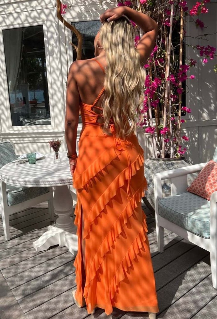 Best Frilling Temptation Orange Frilled Lace Up Back Cami Maxi Dress Summer Dresses