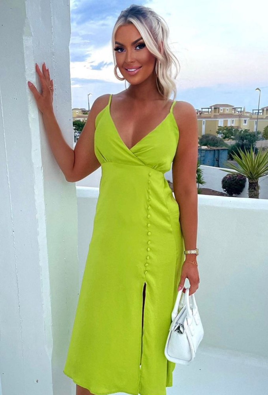 Clearance Luxury Glamour Green Button Skirt Cami Midi Dress Summer Dresses