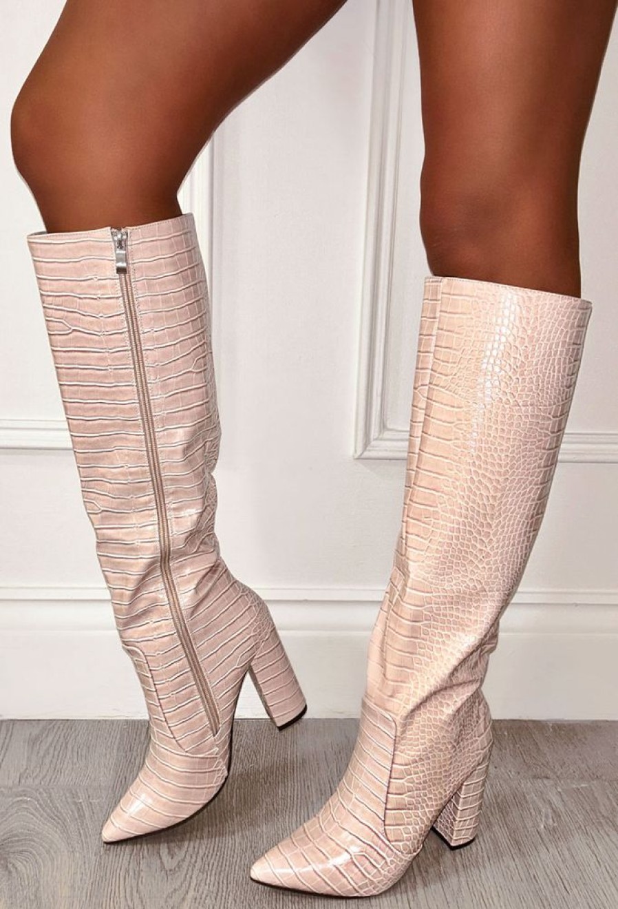 Hot All You Want Cream Croc Effect Knee High Block Heel Boots High Heels