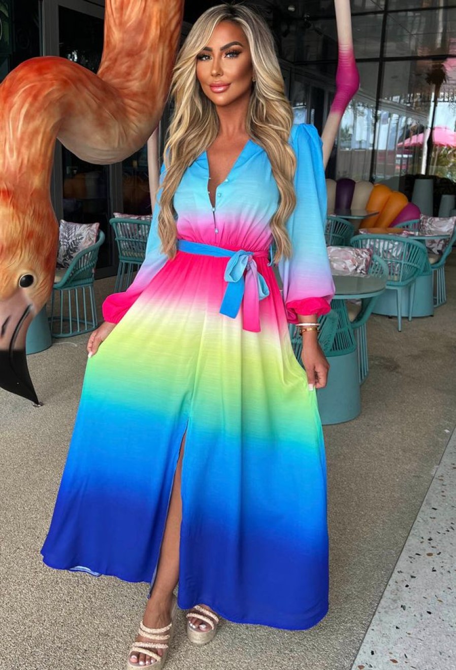 Clearance Sunset Sky Blue Ombre Long Sleeve Maxi Dress Summer Dresses