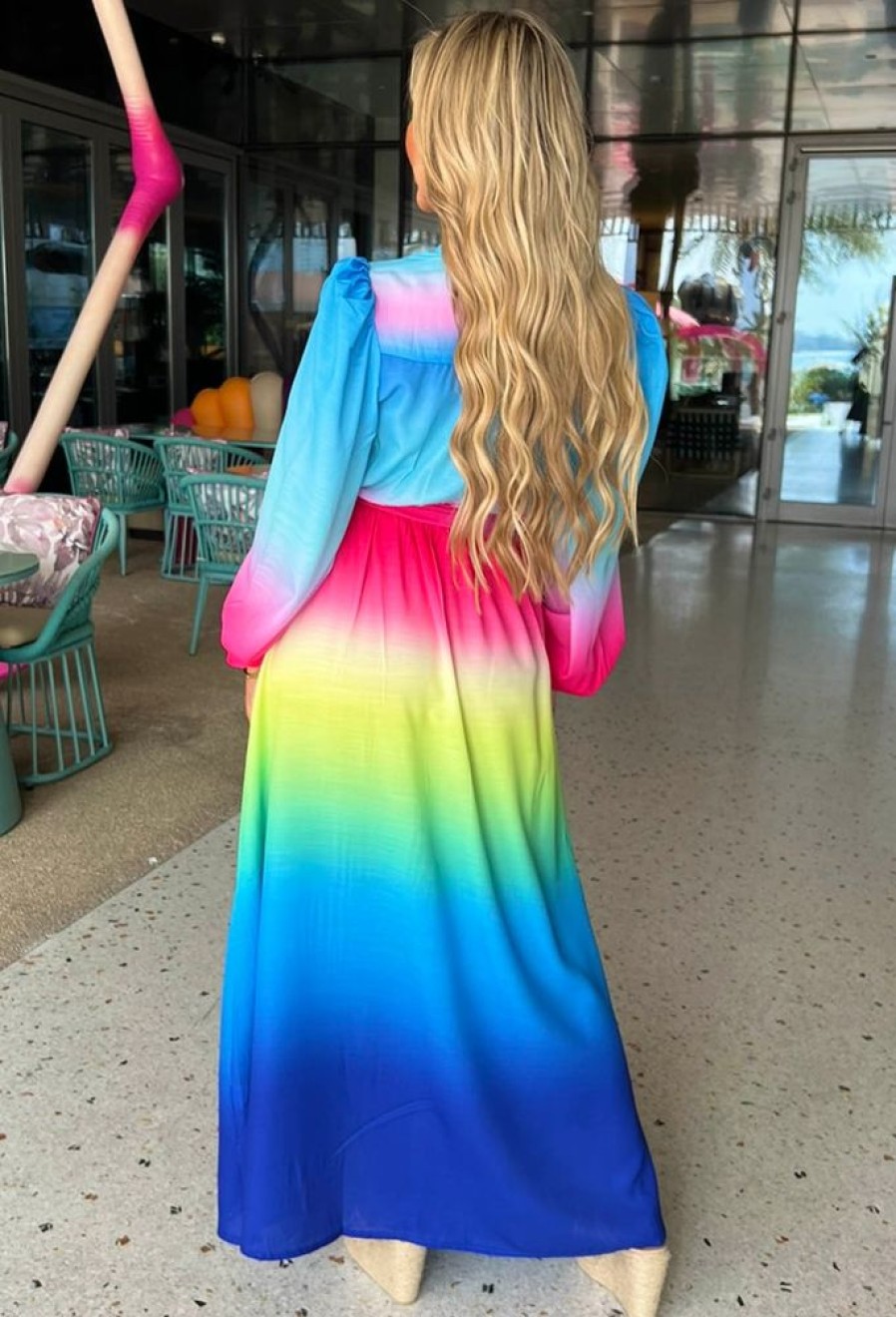 Clearance Sunset Sky Blue Ombre Long Sleeve Maxi Dress Summer Dresses