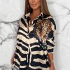 Hot Doing Extra Beige Animal Print Oversized Dip Hem Satin Shirt Tops