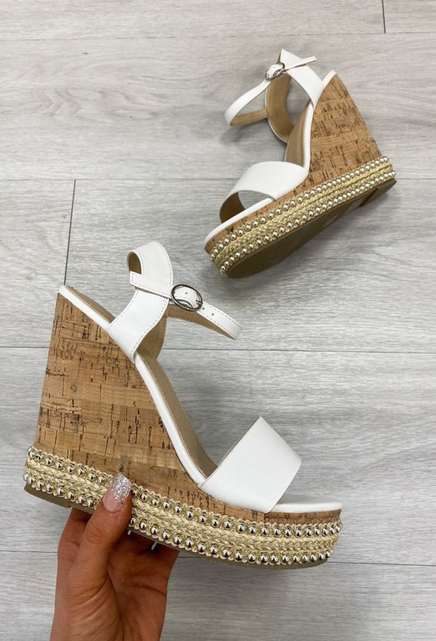 Clearance Senorita White Cork Studded Wedges High Heels