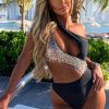 Wholesale Holiday Queen Black One Shoulder Rose Gold Sequin Cut Out Swimsuit Swimwear