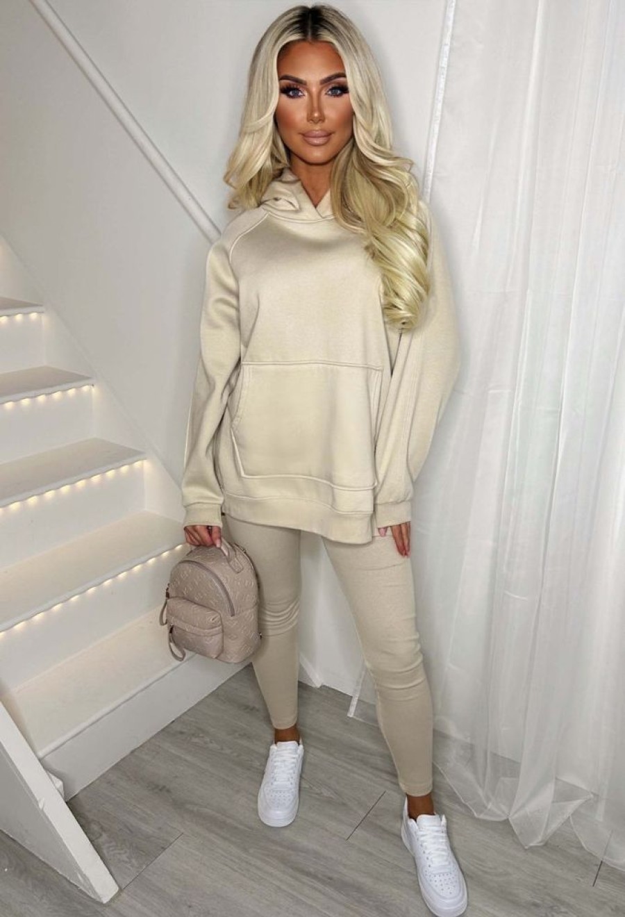 Clearance Living The Life Cream Oversized Hood With Ribbed Leggings Two Piece Loungewear Set Loungewear