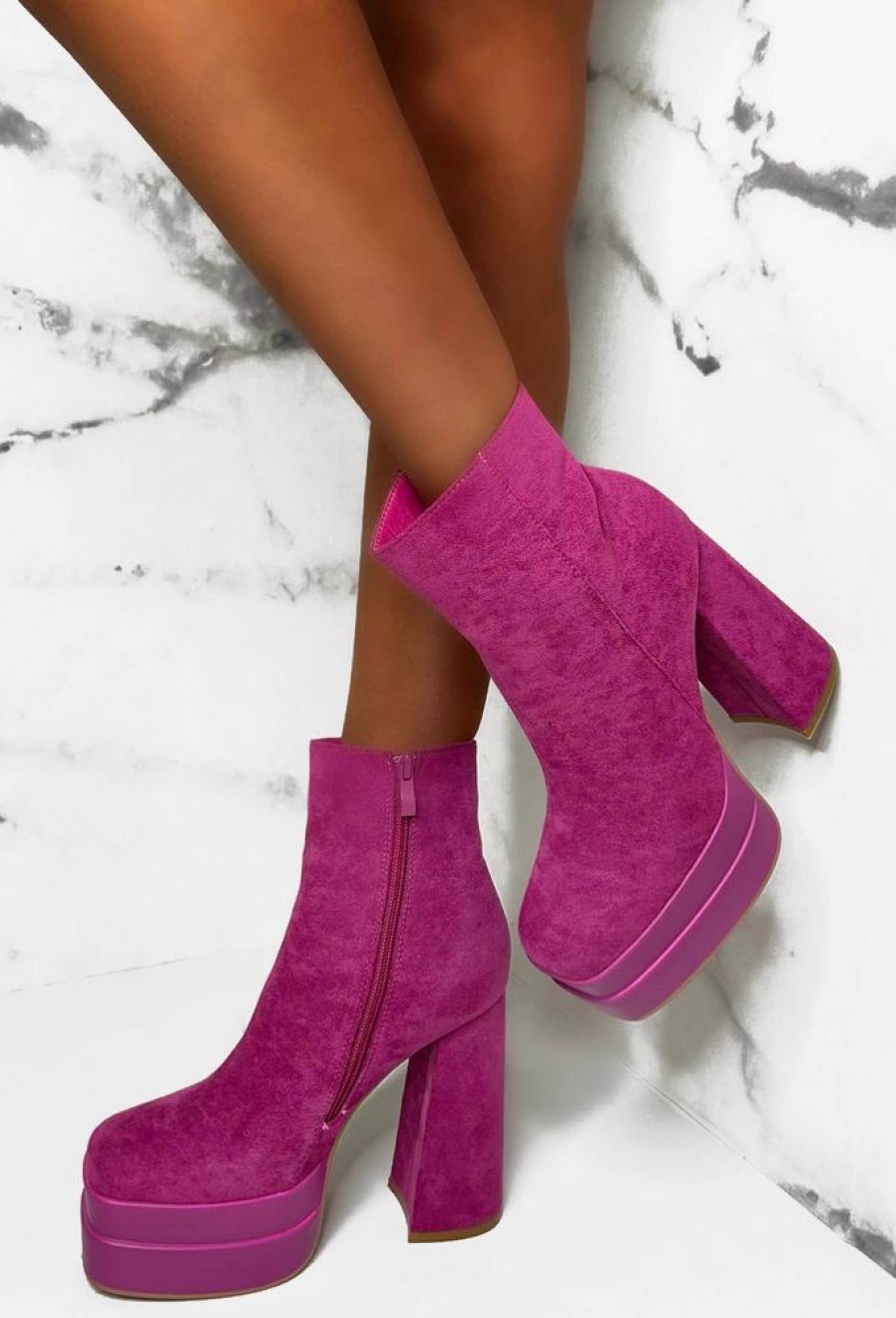 Best Crushing Hot Pink Faux Suede Platform Block Heel Boots Limited Edition Boots