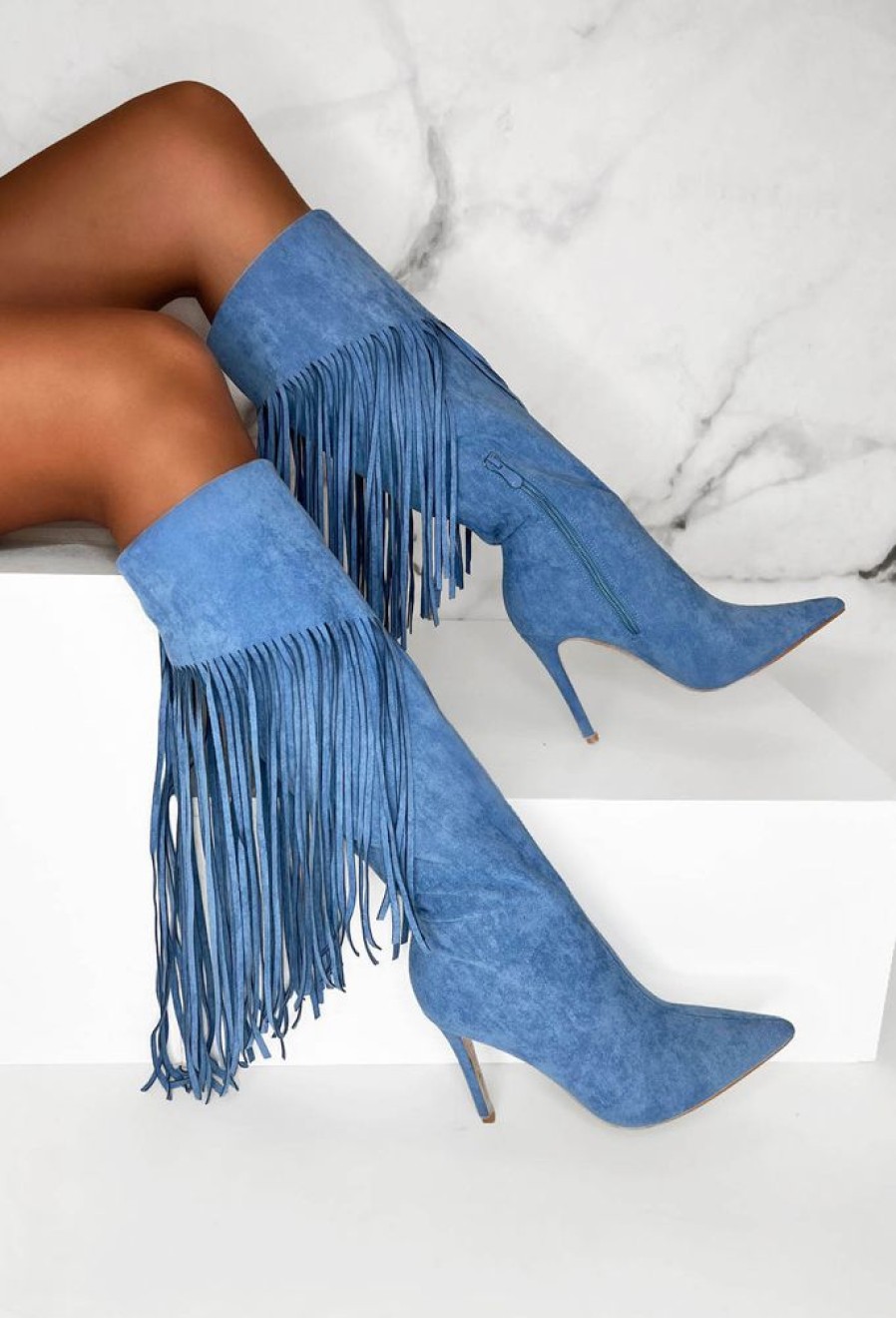 Best Sweet Moments Blue Suede Tassel Knee High Boots Boots