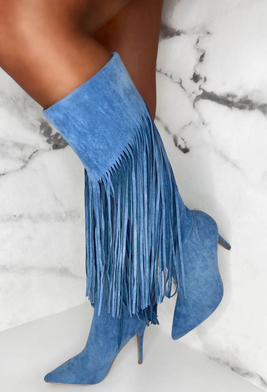 Best Sweet Moments Blue Suede Tassel Knee High Boots Boots