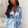 Clearance Sultry Desire Baby Blue Satin Flare Sleeve Removable Feather Trim Robe Nightwear