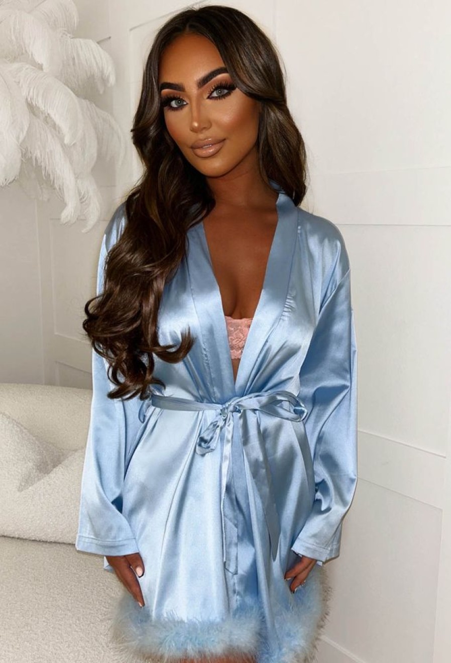 Clearance Sultry Desire Baby Blue Satin Flare Sleeve Removable Feather Trim Robe Nightwear