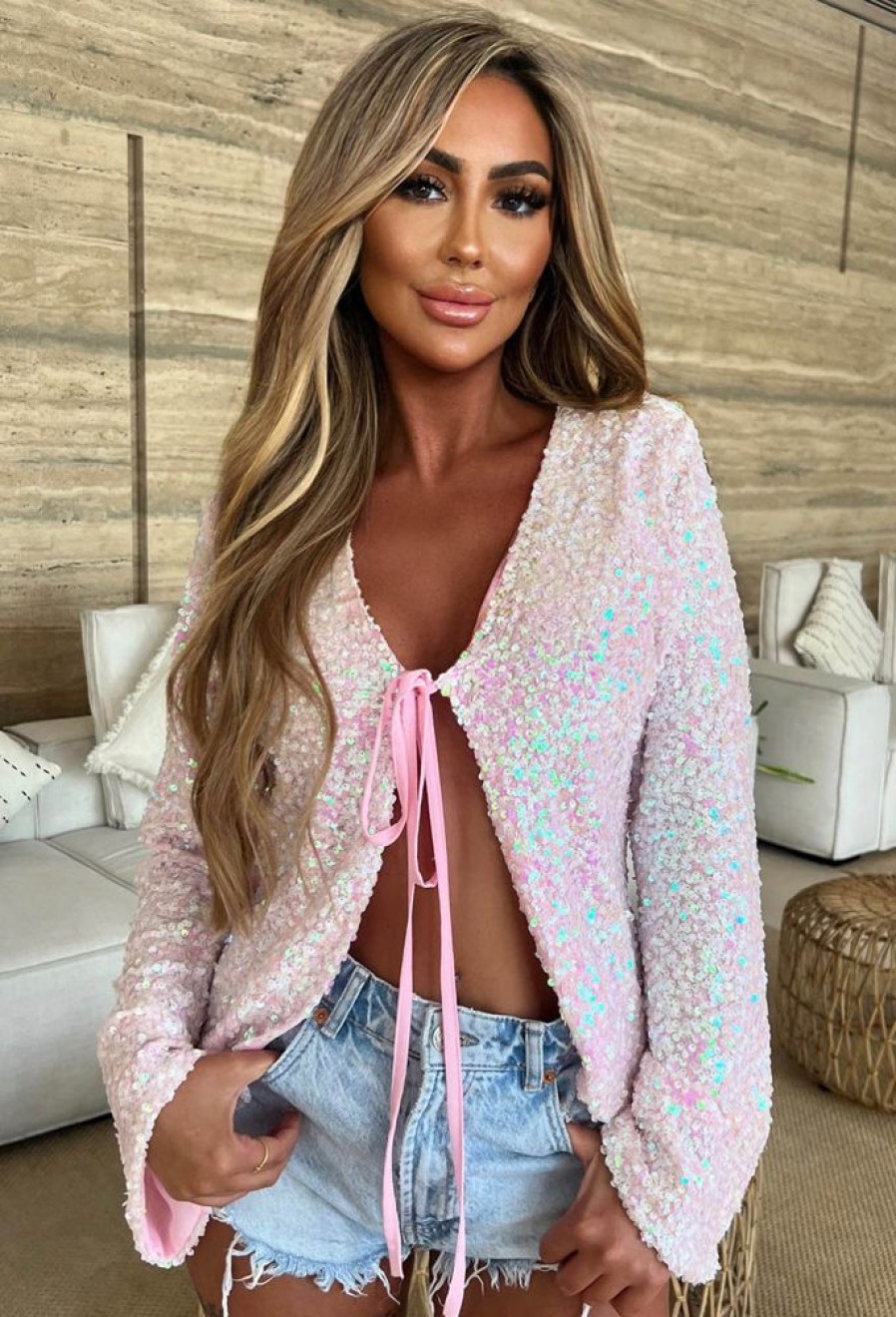 Clearance I'M The Surprise Baby Pink Sequin Tie Knot Top Tops