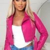 Online Biker Fantasy Hot Pink Faux Leather Cropped Biker Jacket Coats And Jackets