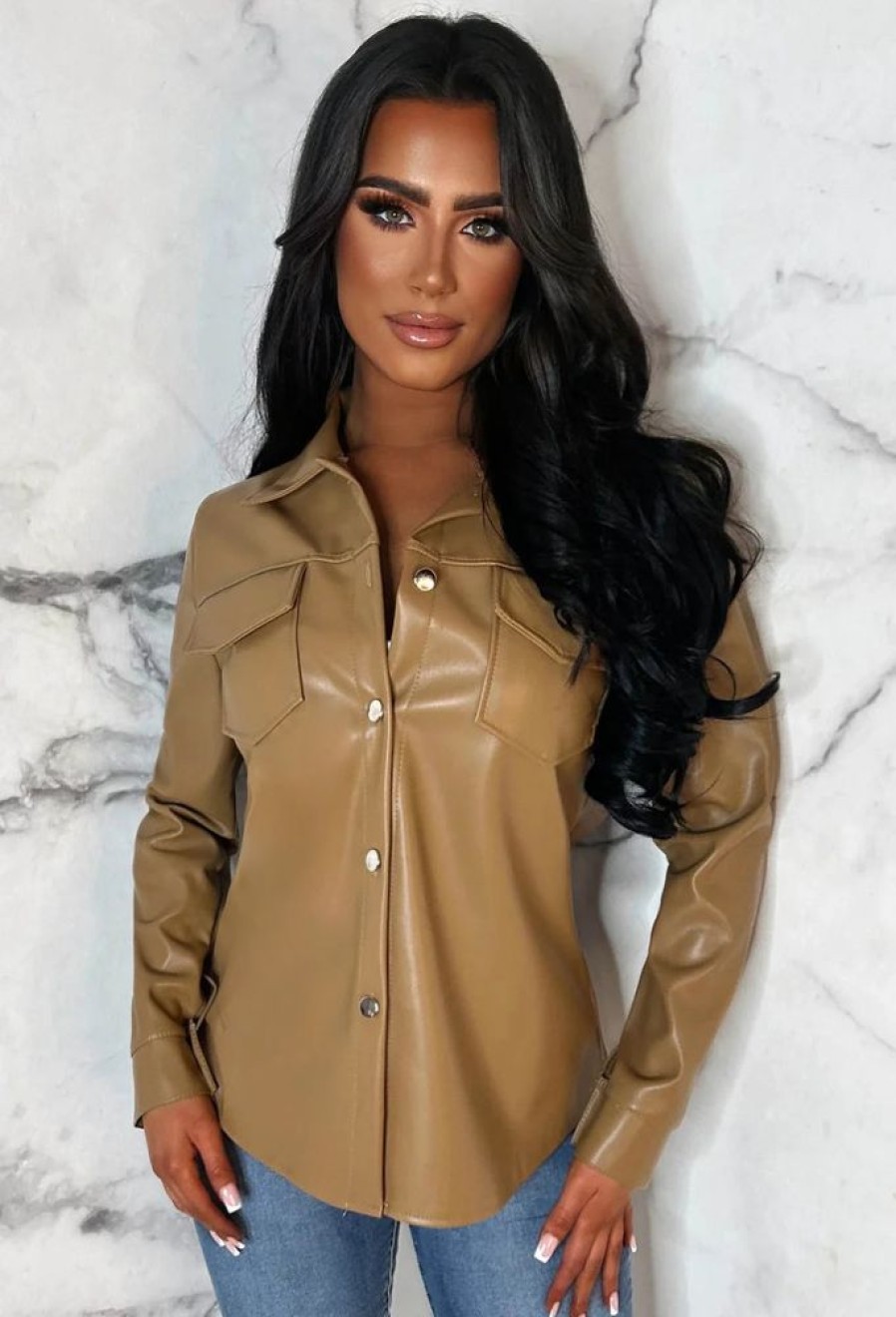 Hot Trending Now Tan Faux Leather Detail Shirt Tops