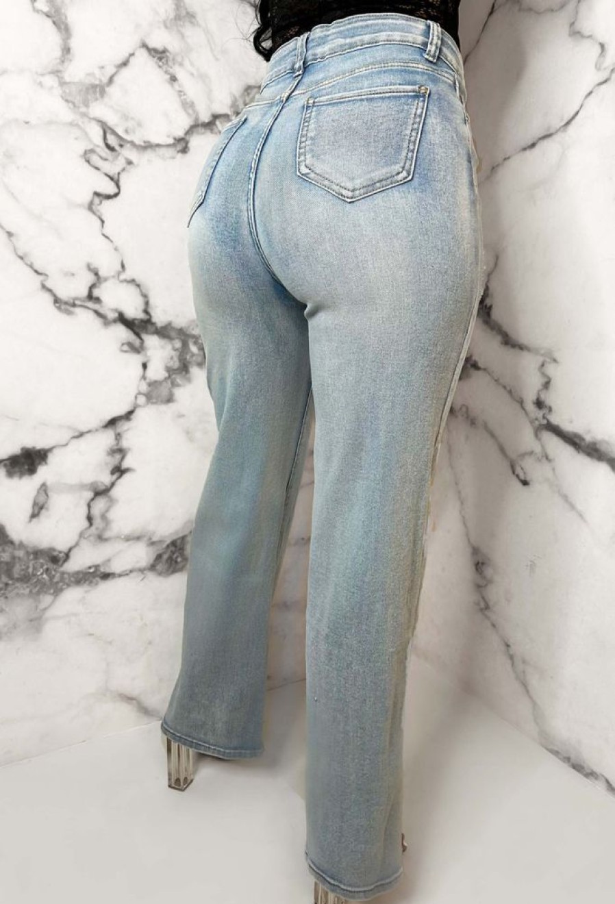 Hot Denim Escape Light Blue Stretch Wide Leg Distressed Jeans Denim