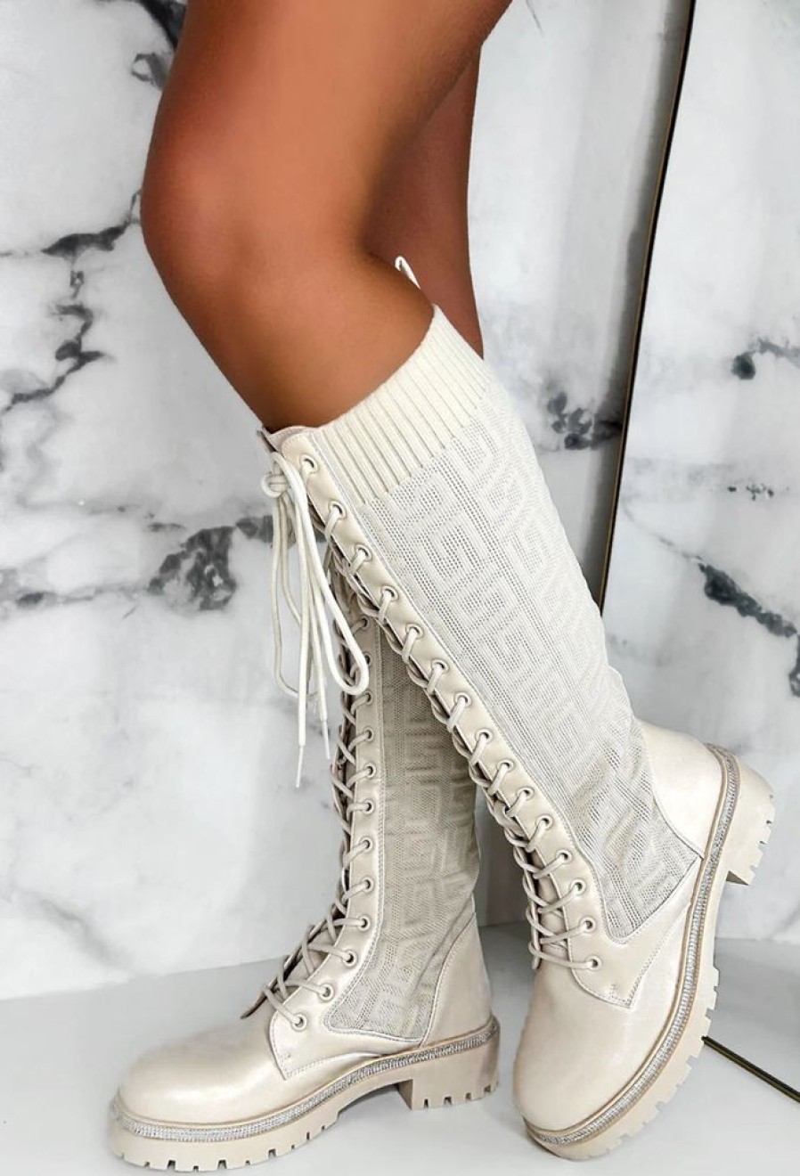 Online All Time Favourite Cream Textured Ankle Knee Boot Boots